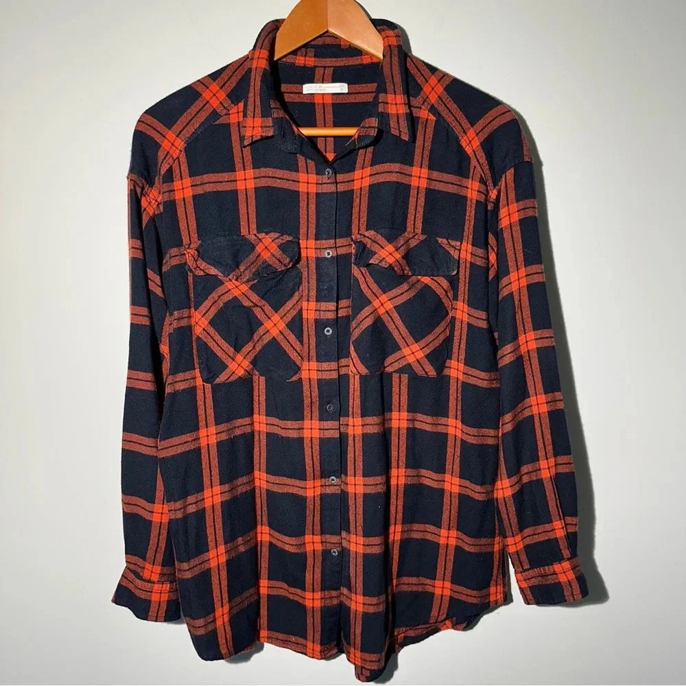 DIVERSE European Brand Long Sleeve Plaid Button Up Flannel Shirt Women Size M